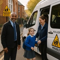 SEN school transport driver and passenger assistant helping a child into a minibus outside a London school, September 2025 start
