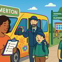 SEN school transport minibus collecting a child in Merton.