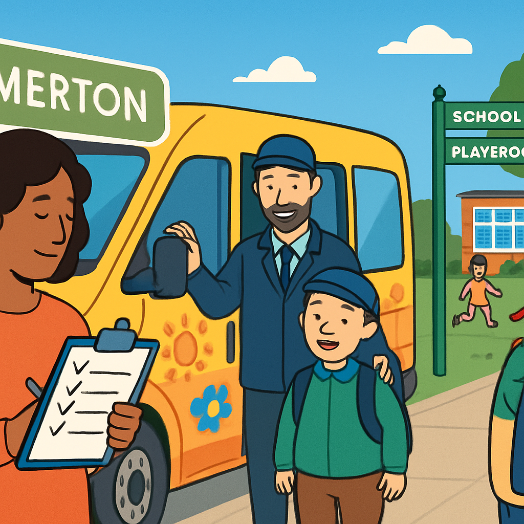 SEN school transport minibus collecting a child in Merton.
